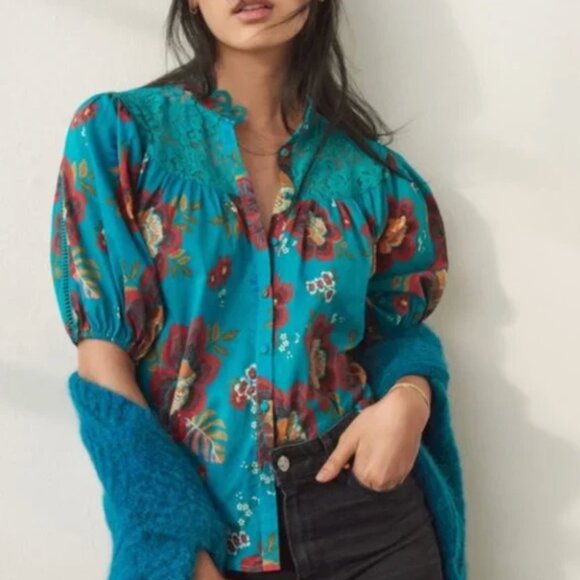 Farm Rio by Anthropologie Giustina Lace Floral Blouse - L - Picture 1 of 3